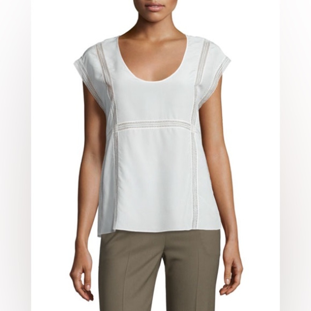 🎀 THEORY silk Ralballa Mosaic Embroidered-Trim Silk Top m